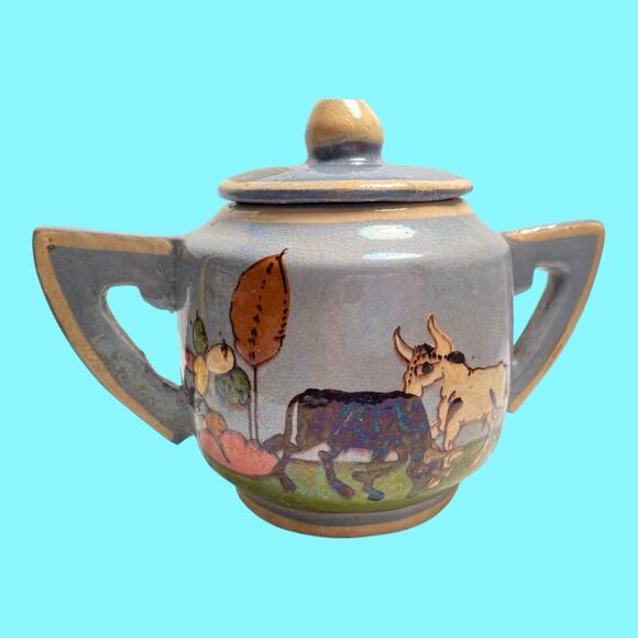 1940s Blue Tlaquepaque Mexican Folk Art Sugar & Creamer Hand Made And Decorated - Picture 5 of 12